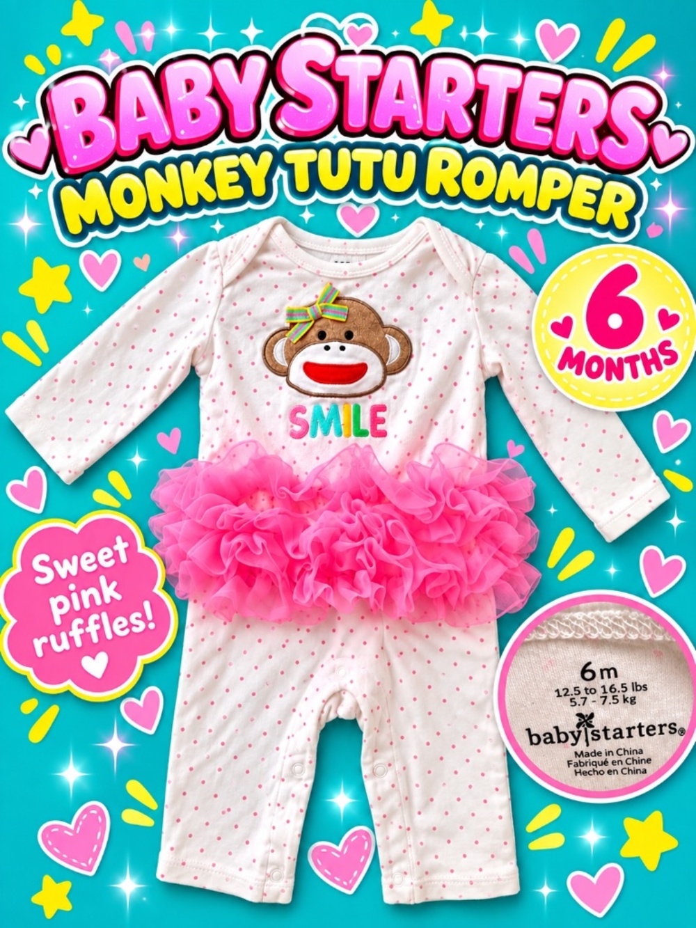 Baby Starters Monkey Tutu Romper | Pink & White | Size 6 Months